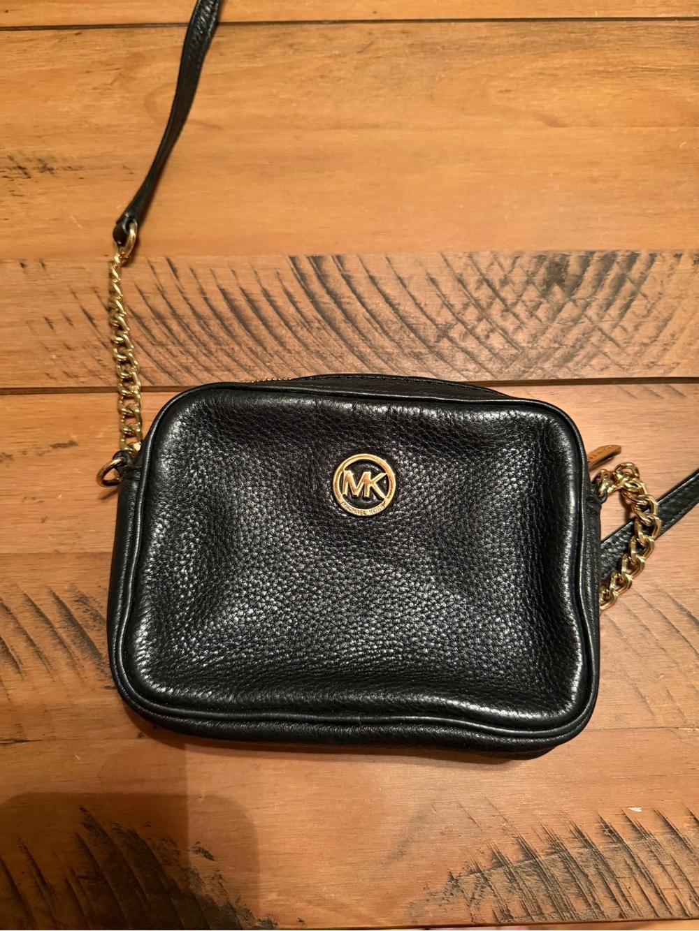 Michael Kors Black Pebbled Leather Crossbody with Gold MK Emblem